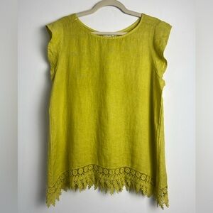 Terzo Millennio 100% Linen Chartreuse Crochet Lace Hem Flutter Sleeve Top Sz L